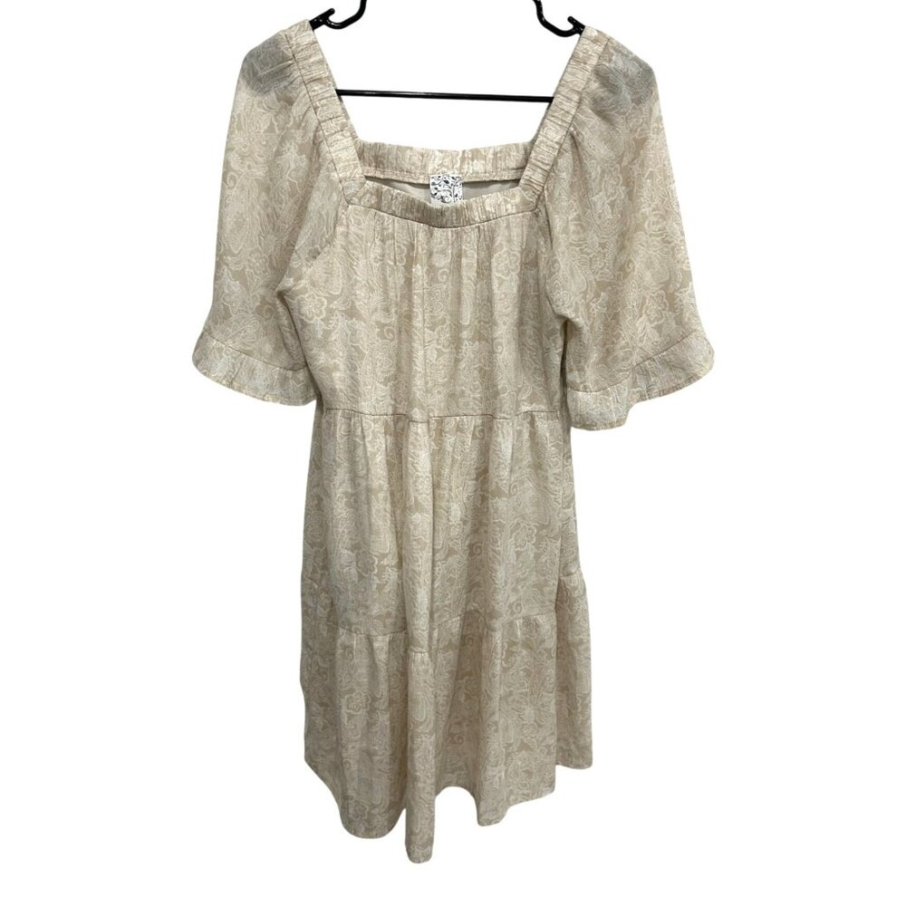 Naif Beige Floral Patterned Short Sleeve Tiered Babydoll Dress Sz S Coquette